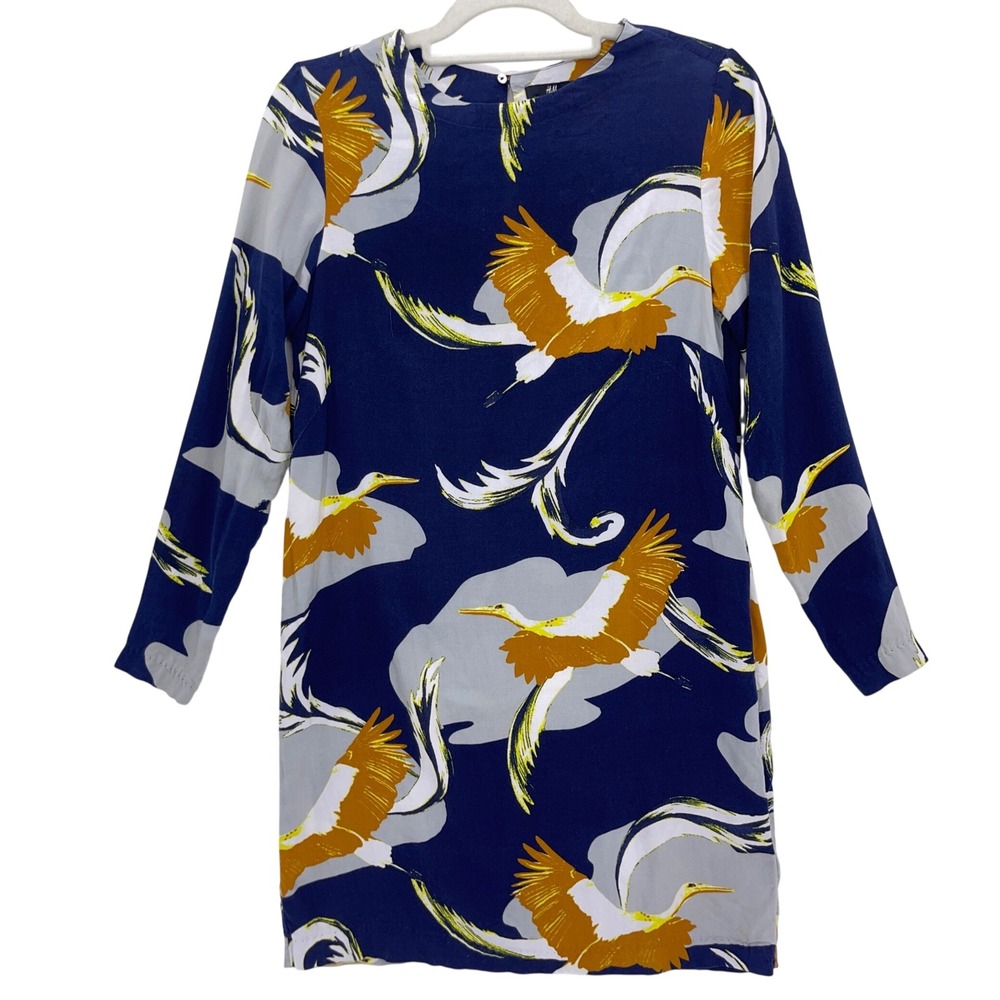 H&M Navy Blue Bird Crane Print Long Sleeve Shift Dress 4